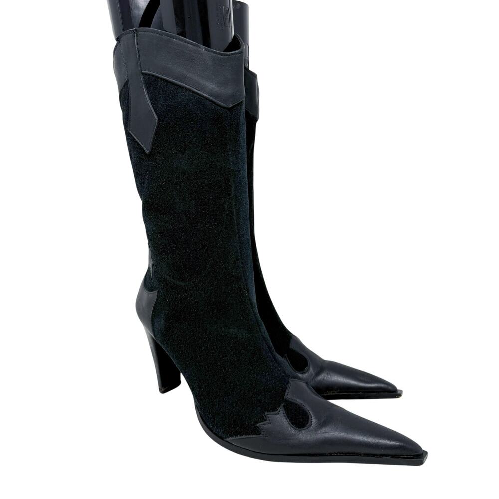 Vintage Y2K Motty Black Leather & Suede Western High Heel Boots Sz 8.5 Side Zip